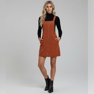 Zip Up Corduroy Overall Dress Rust